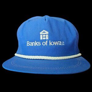 VTG 90s Banks Of Iowa Royal Blue Rope Hat By Imperial USA Made‎ Green Underbill